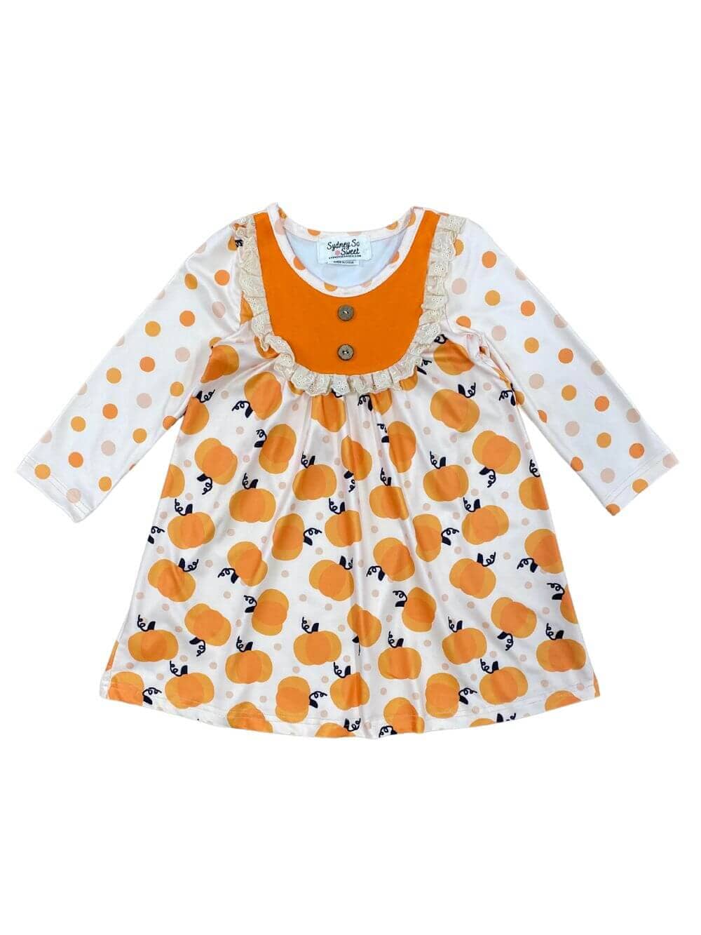 Polka Pumpkin Girls Long Sleeve Dress - Sydney So Sweet