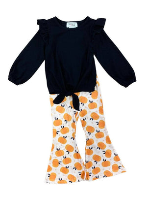 Polka Pumpkin Ribbed Tie Top Girls Flare Pants Outfit - Sydney So Sweet