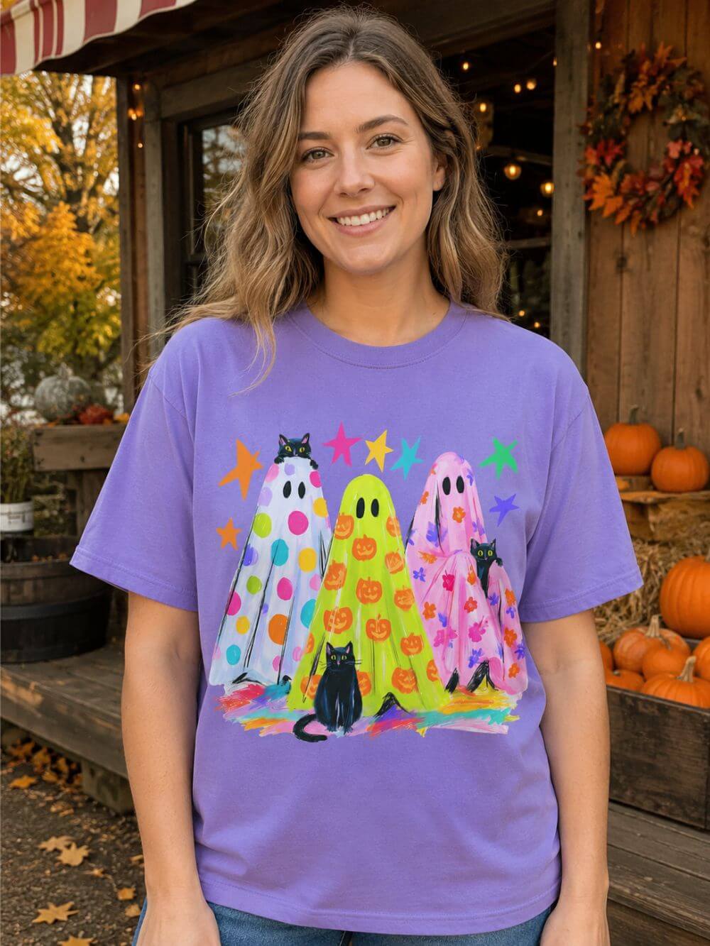 Colorful Polka Dot Halloween Ghost T-Shirt Fun Graphic Tee