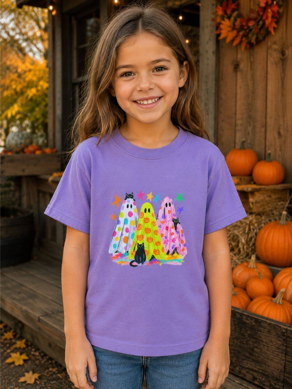 Colorful Polka Dot Halloween Ghost T-Shirt Fun Kids Graphic Tee