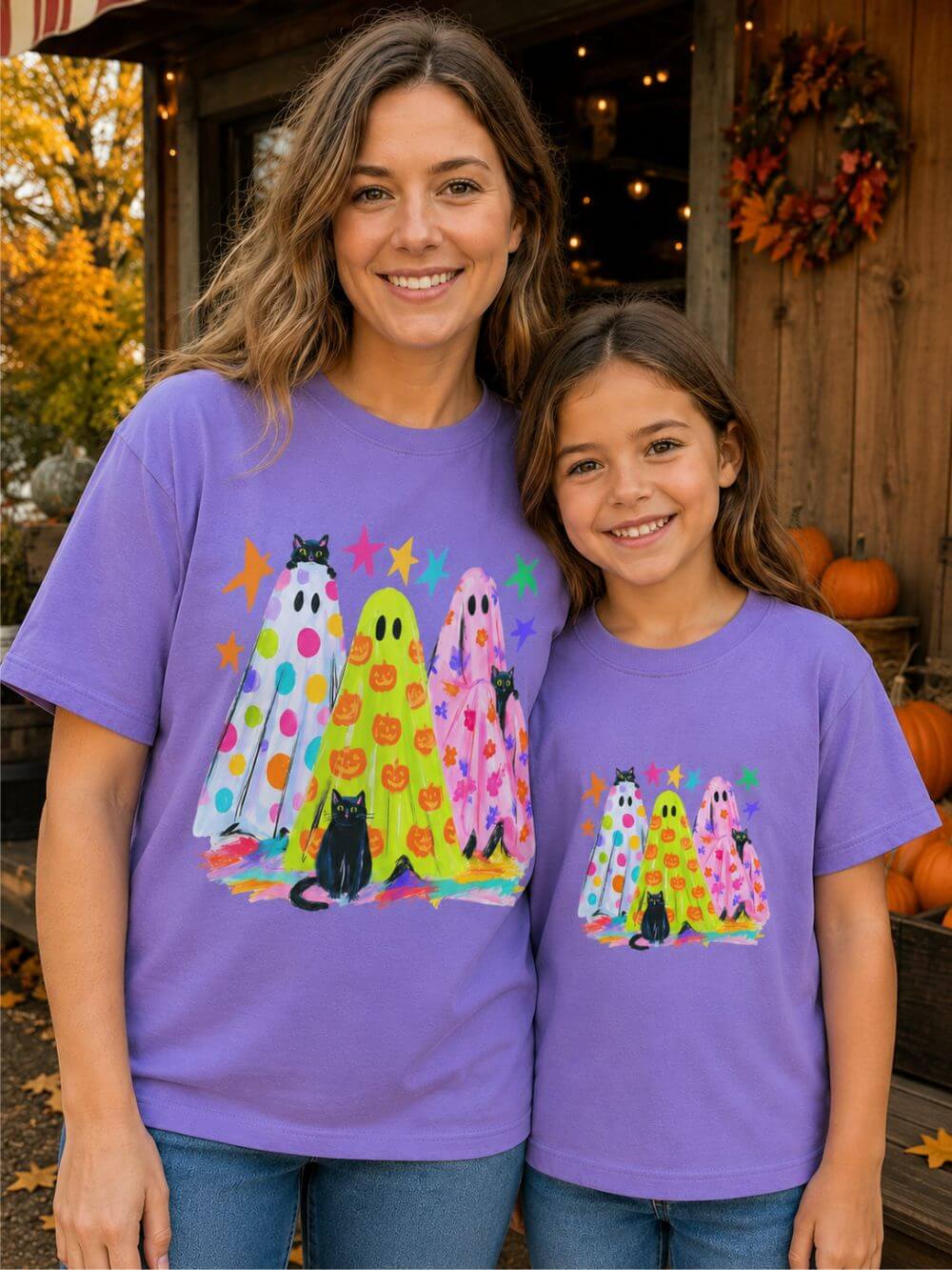 Colorful Polka Dot Halloween Ghost T-Shirt Fun Kids Graphic Tee
