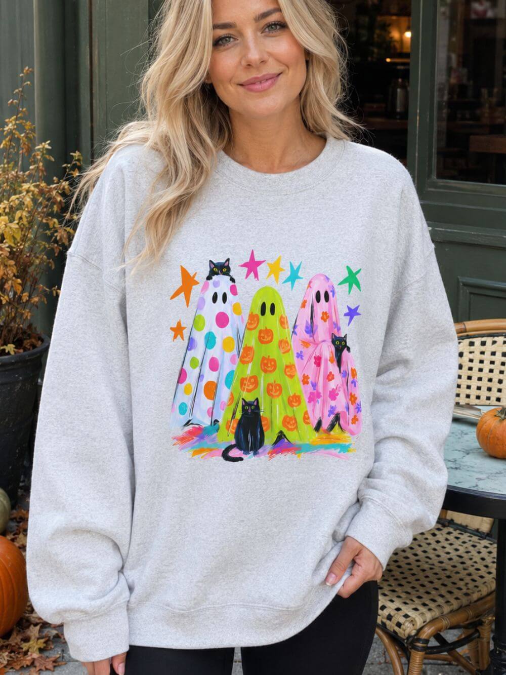 Colorful Polka Dot Halloween Ghost Sweatshirt Fun Graphic Crewneck
