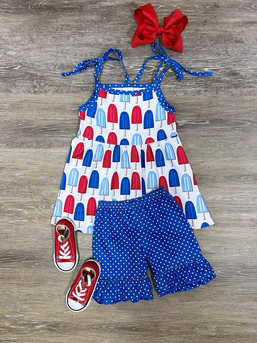 Popsicle Party USA Girls Tie Tank Ruffle Shorts Outfit