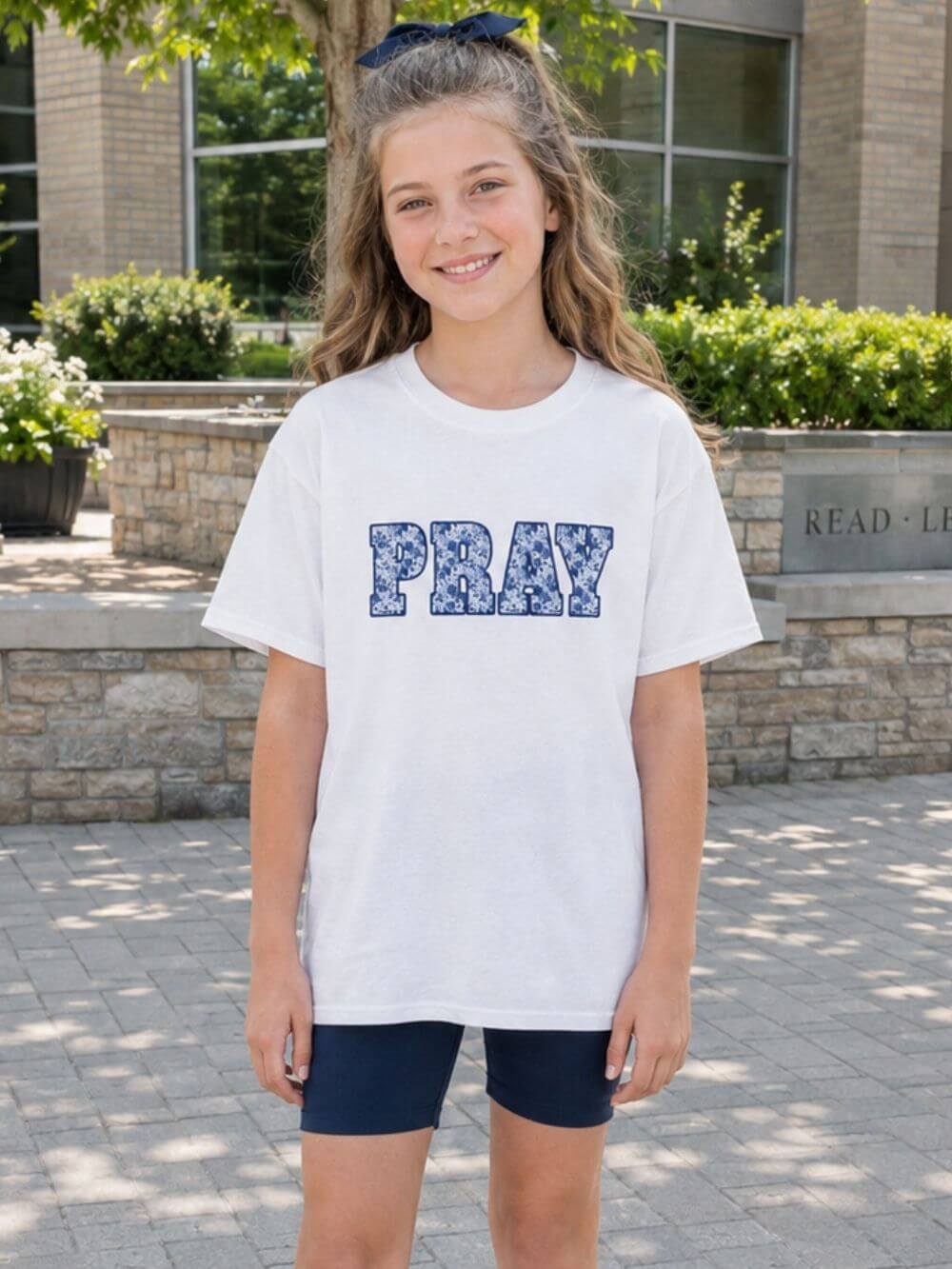 Pray blue floral kids Christian graphic T-shirt