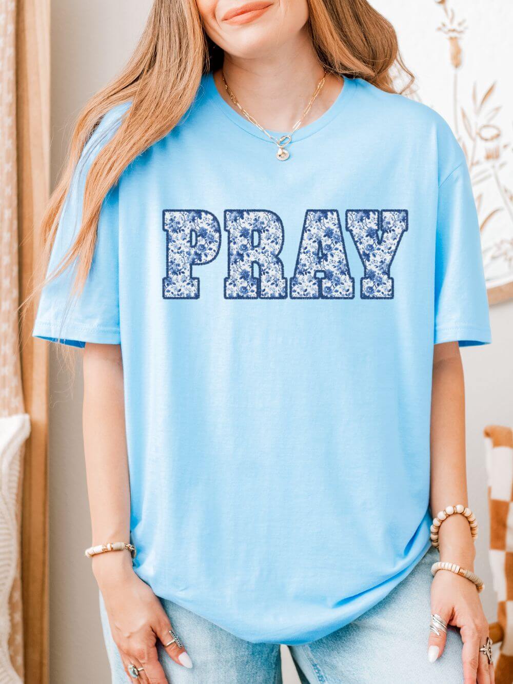 Pray Floral T-Shirt Blue Flower Lettering Christian Tee