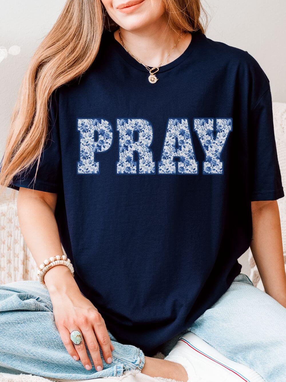 Pray Floral T-Shirt Blue Flower Lettering Christian Tee
