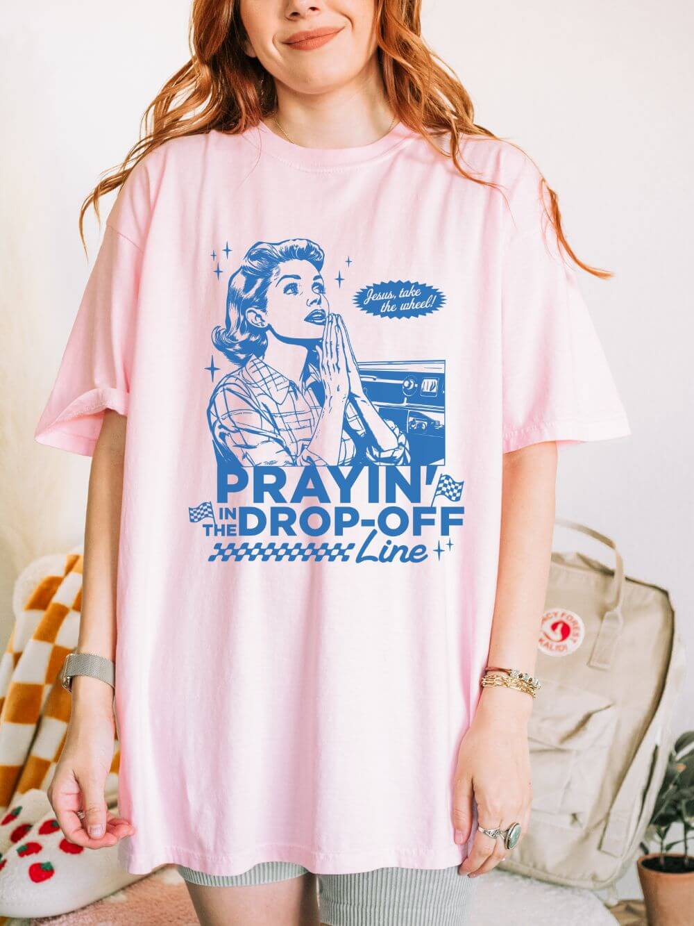 Prayin' in the Drop-Off Line Retro T-Shirt Christian Women's Graphic Tee