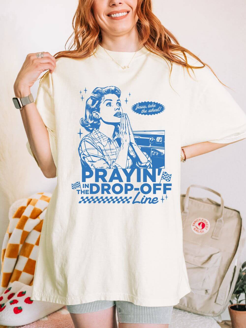 Prayin' in the Drop-Off Line Retro T-Shirt Christian Women's Graphic Tee