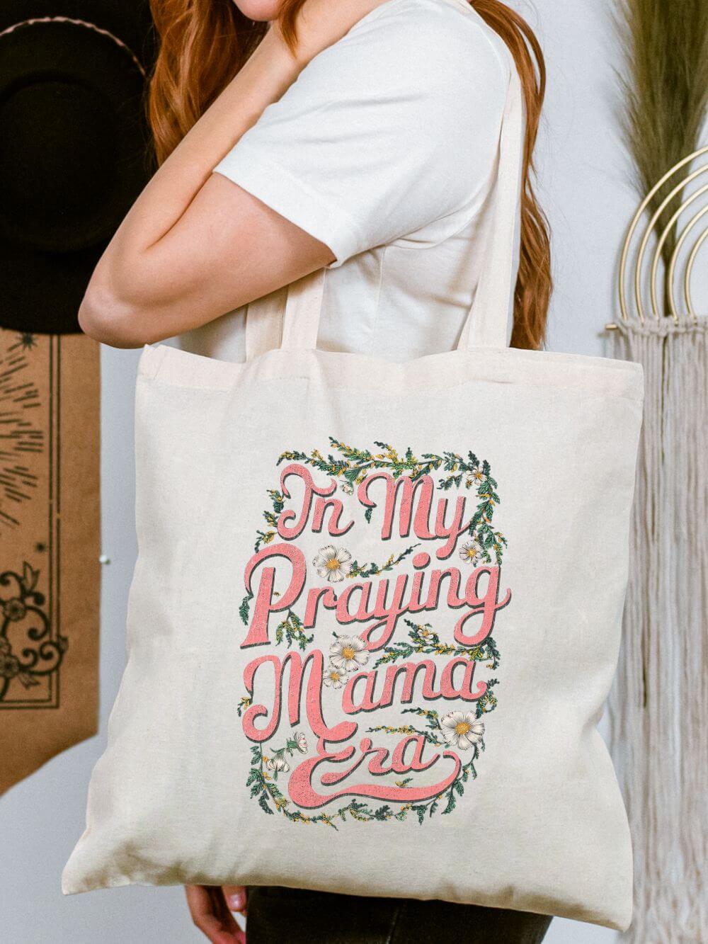 In My Praying Mama Era Floral Cotton Canvas Tote Bag Mother's Day Gift