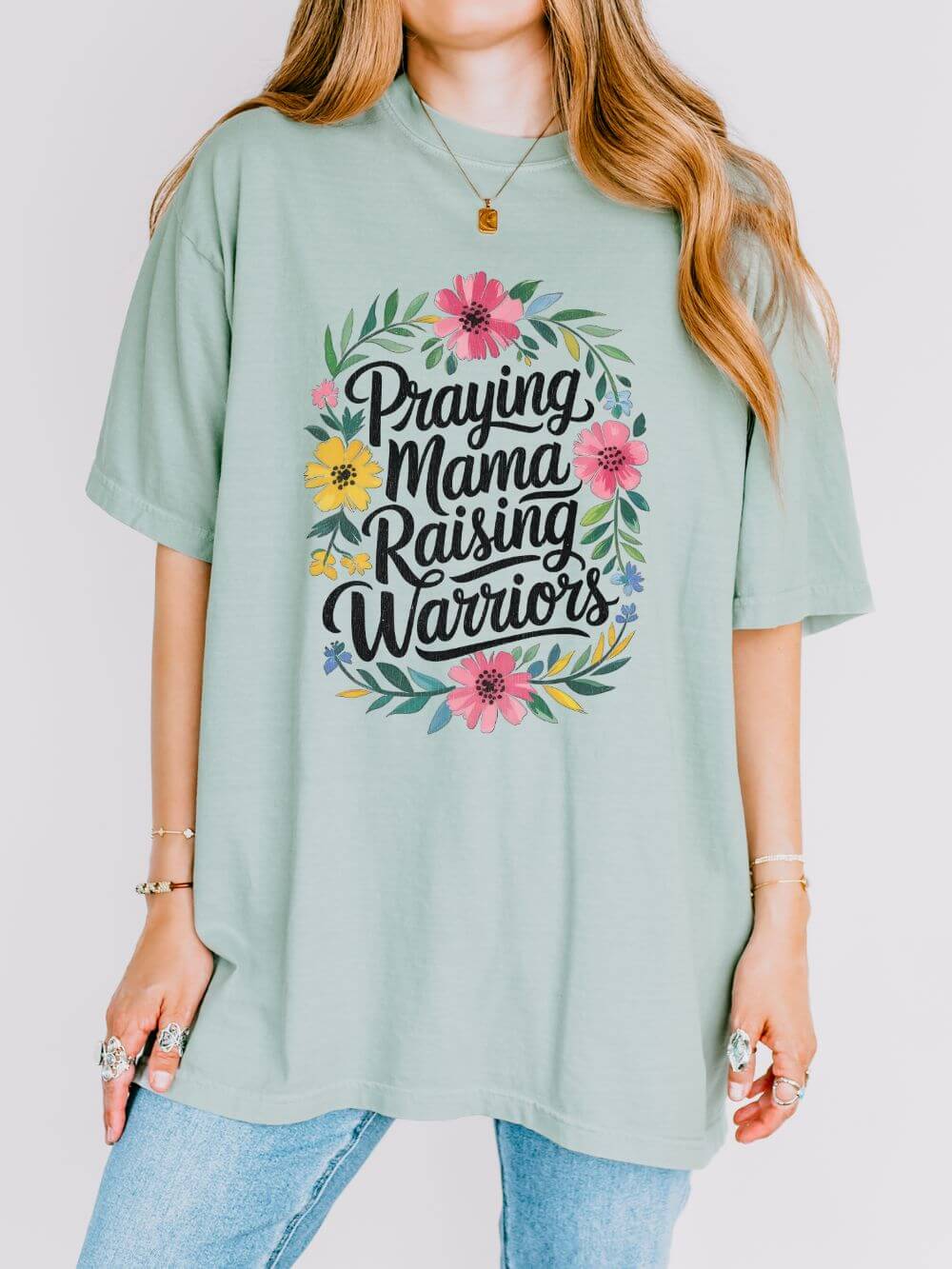 Praying Mama Raising Warriors T-Shirt Cute Floral Mom Graphic Tee