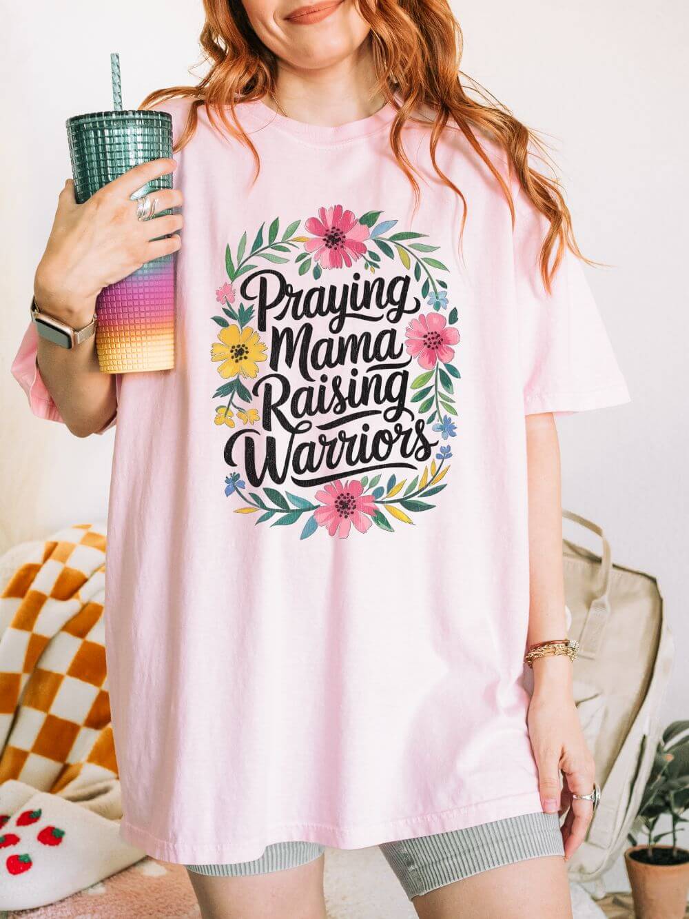 Praying Mama Raising Warriors T-Shirt Cute Floral Mom Graphic Tee