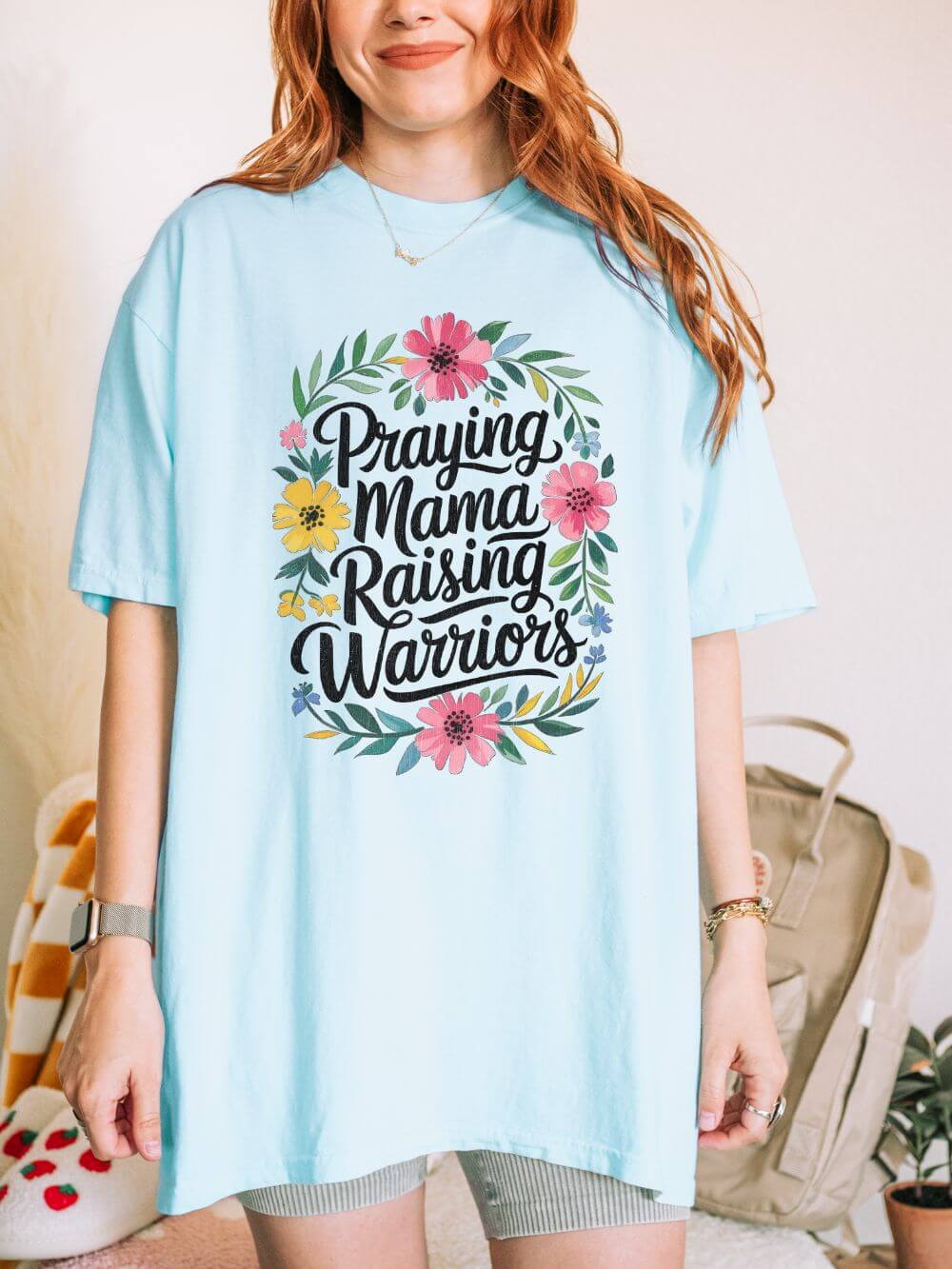 Praying Mama Raising Warriors T-Shirt Cute Floral Mom Graphic Tee