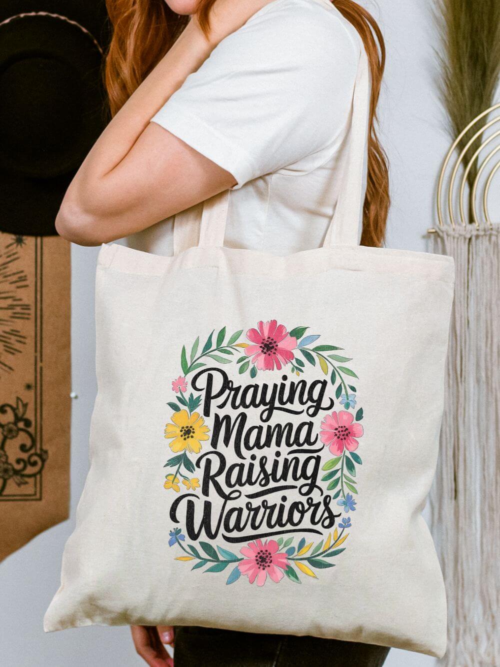 Praying Mama Raising Warriors Tote Bag Floral Inspirational Cotton Canvas Shopper