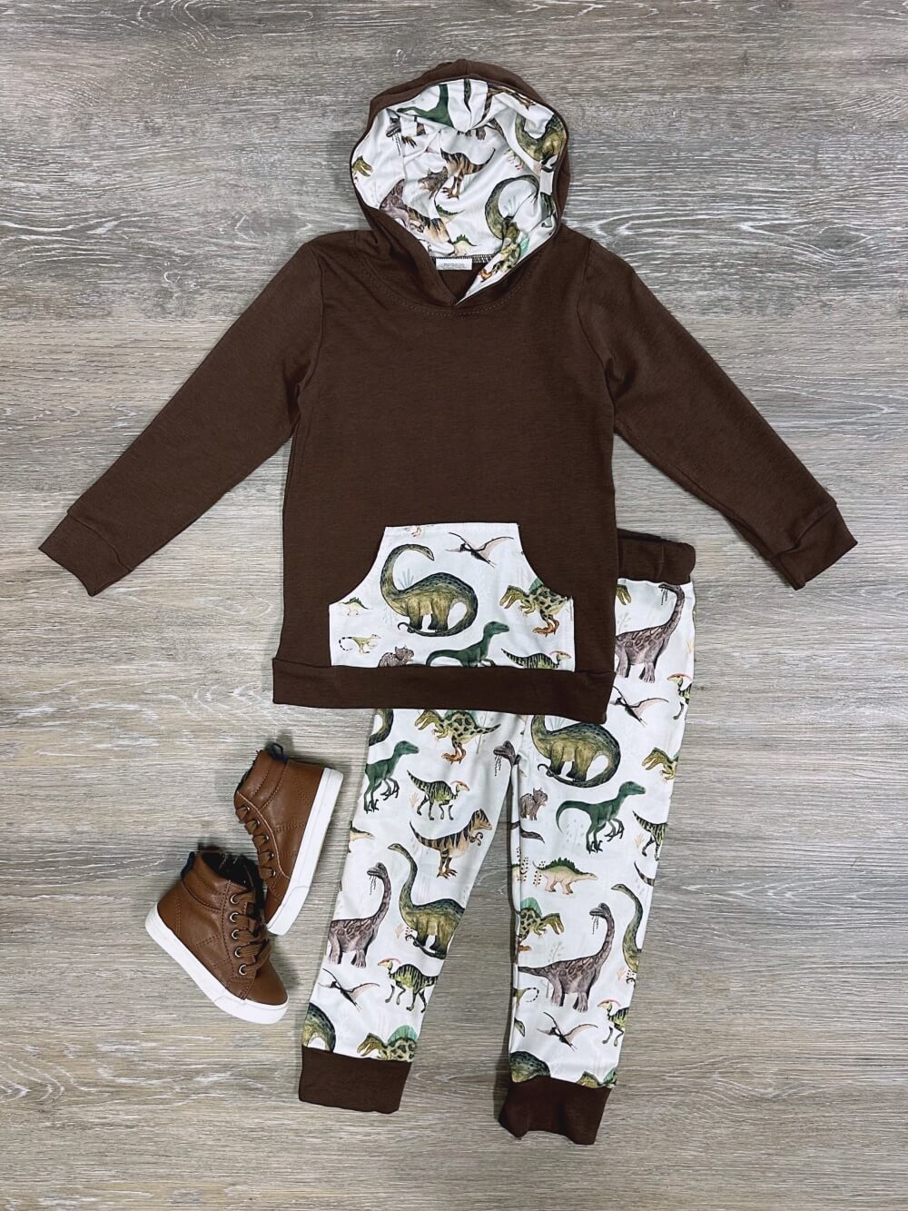 Prehistoric Friends Boys Brown Dinosaur Hoodie Outfit - Sydney So Sweet