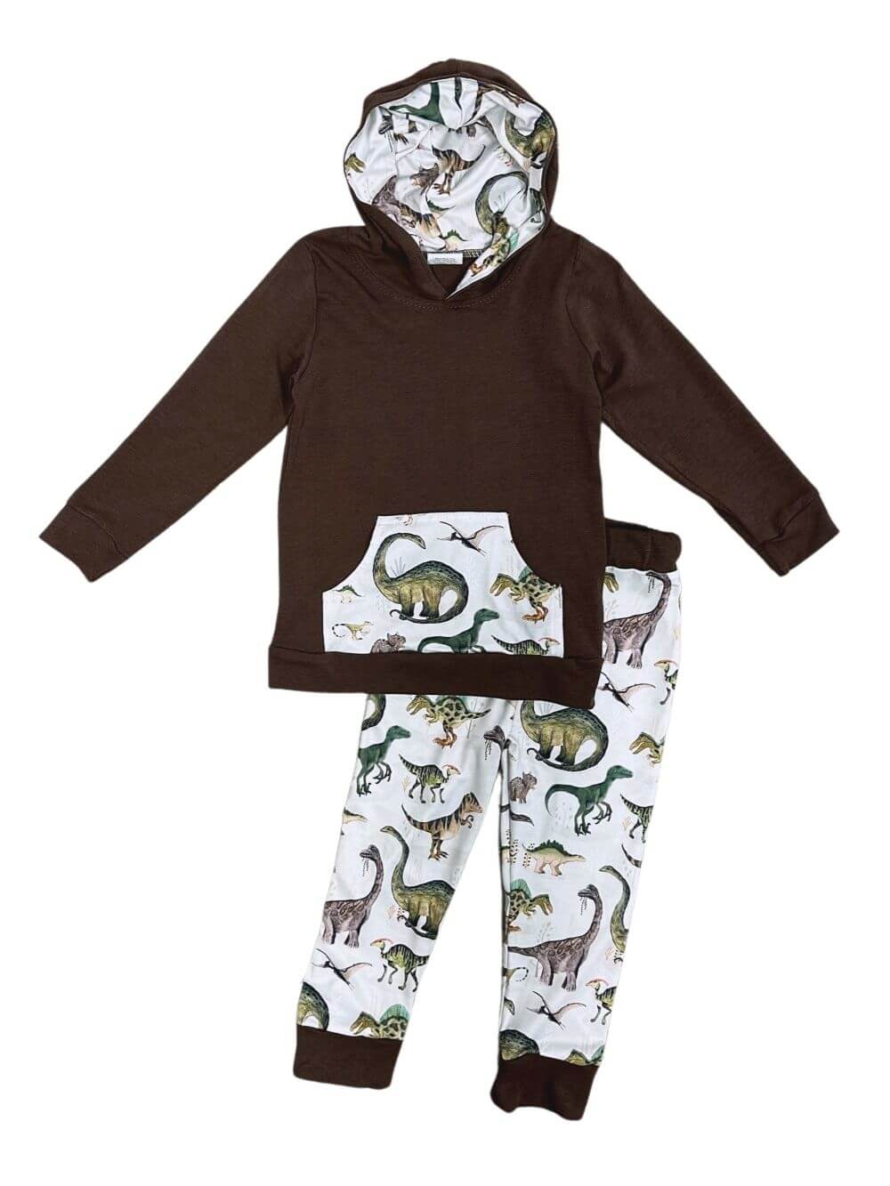 Prehistoric Friends Boys Brown Dinosaur Hoodie Outfit - Sydney So Sweet