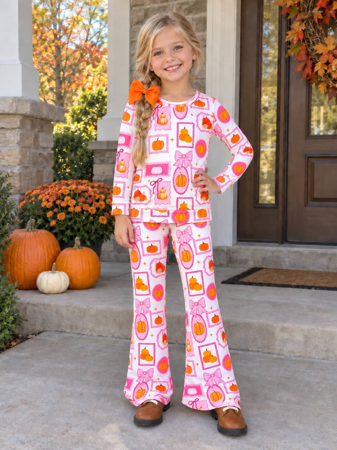 Preppy Pink Fall Girls Bell Bottoms Matching Set