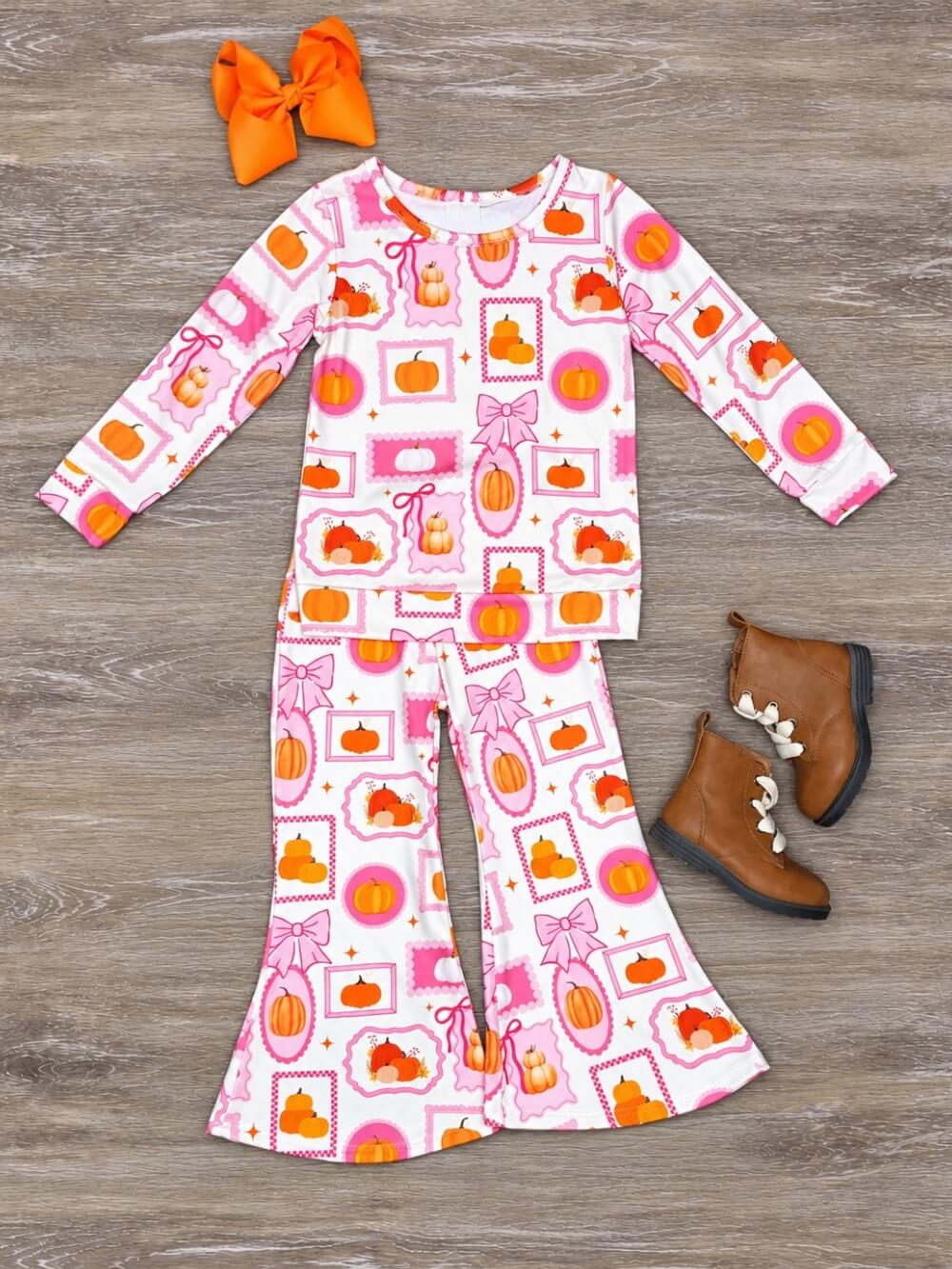 Preppy Pink Fall Girls Bell Bottoms Matching Set