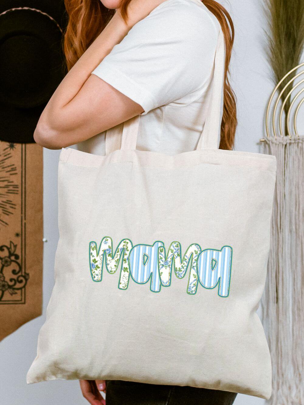 Preppy Blue Mama Floral Cotton Canvas Tote Bag