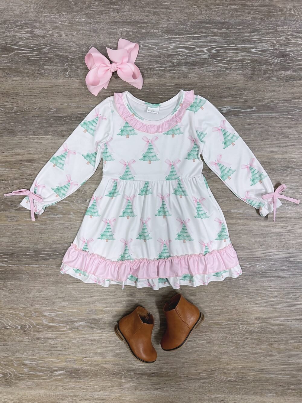 Pretty Pastel Winter Tree Girls Long Sleeve Holiday Dress - Sydney So Sweet