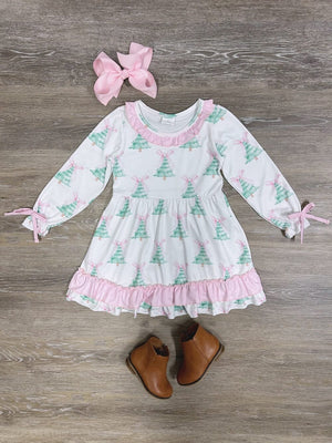 Pretty Pastel Winter Tree Girls Long Sleeve Holiday Dress