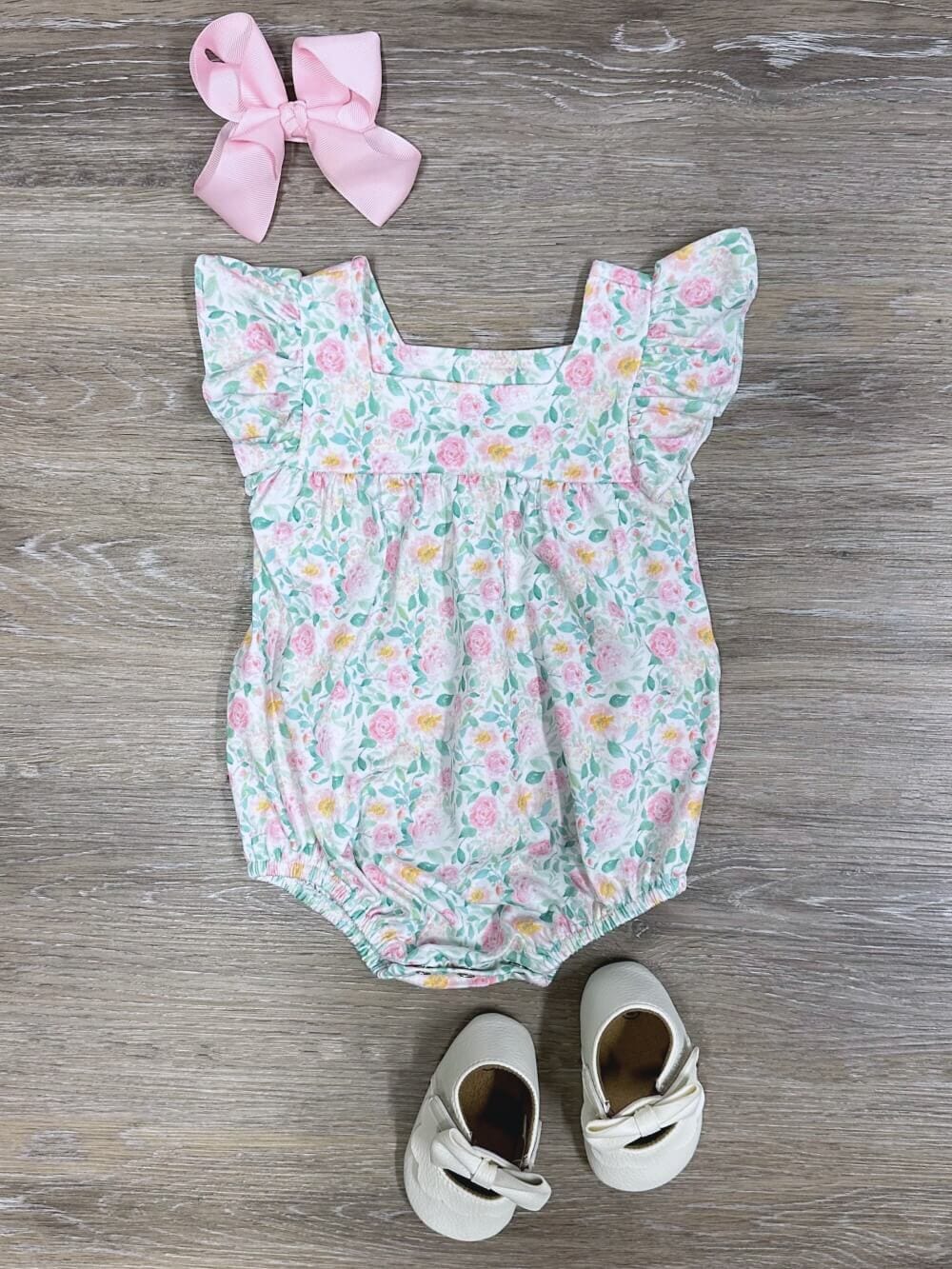 One of a Kind - Pretty Petite Floral Pink Ruffle Baby Bubble Romper Size 3-6 Months - Sydney So Sweet