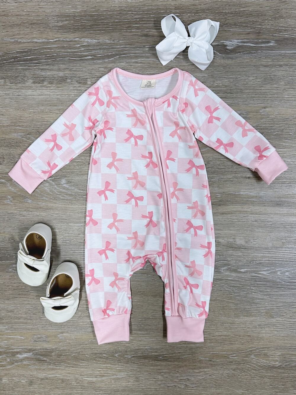 Pretty Pink Coquette Bows Girls Zip Up Baby Romper - Sydney So Sweet