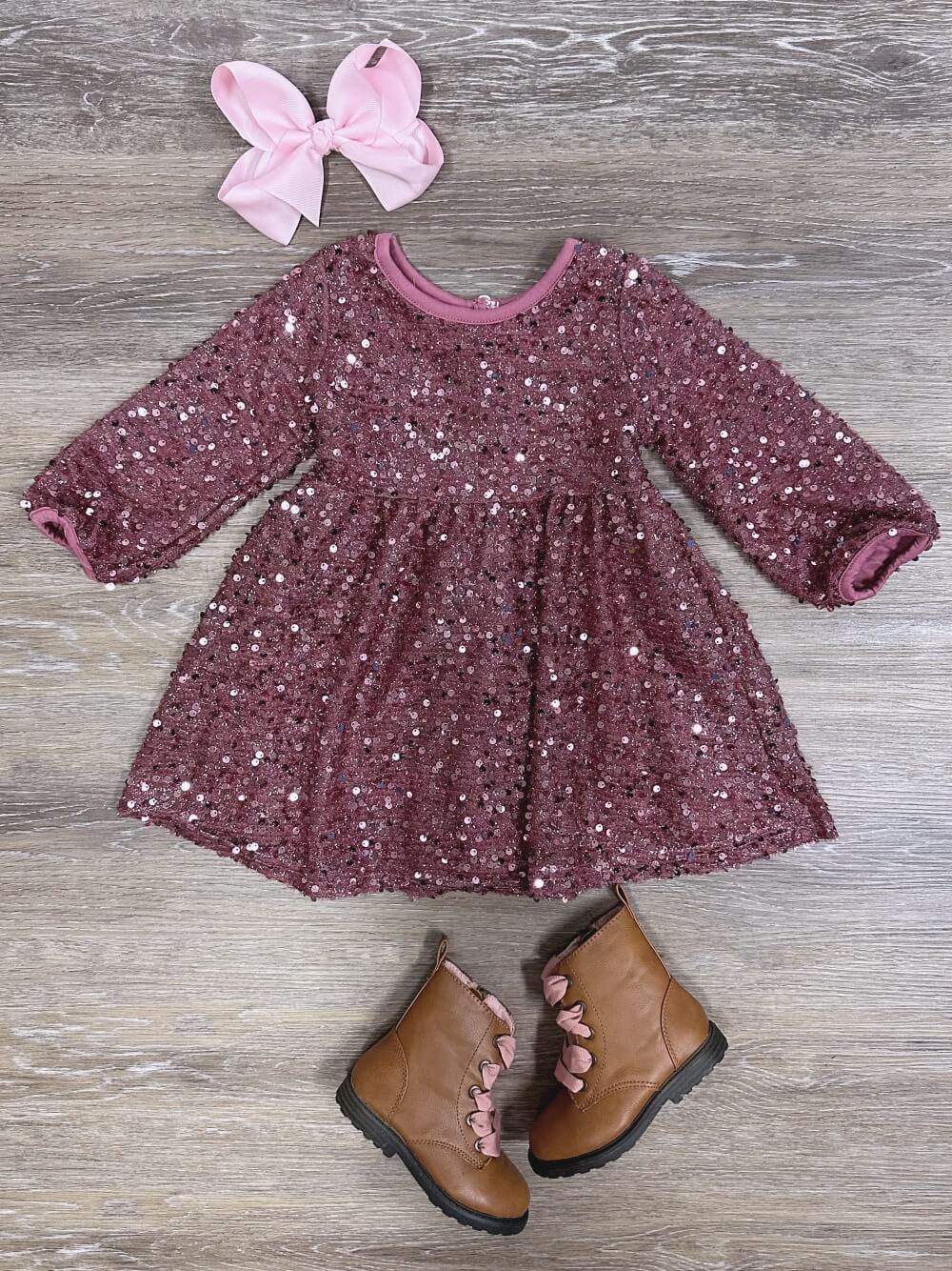 Pretty Pink Sparkle Girls Long Sleeve Sequin Special Occasion Dress - Sydney So Sweet