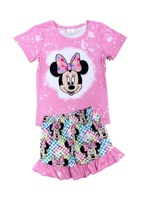 Pretty in Pink Acid Wash Girls Mouse Shorts Outfit - Sydney So Sweet