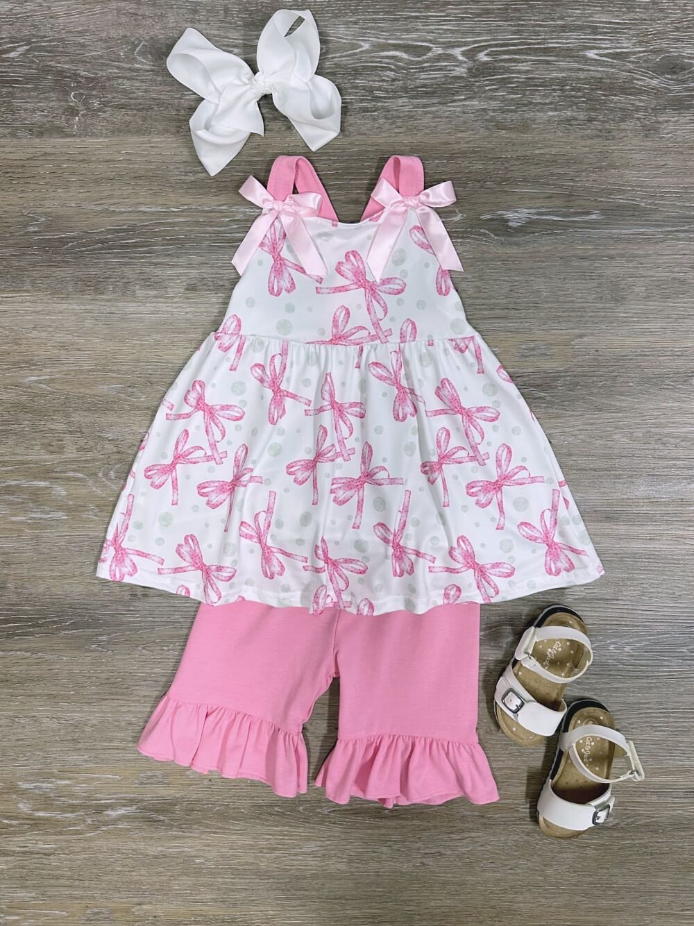 Pretty in Pink Bow Print Girls Shorts Outfit - Sydney So Sweet