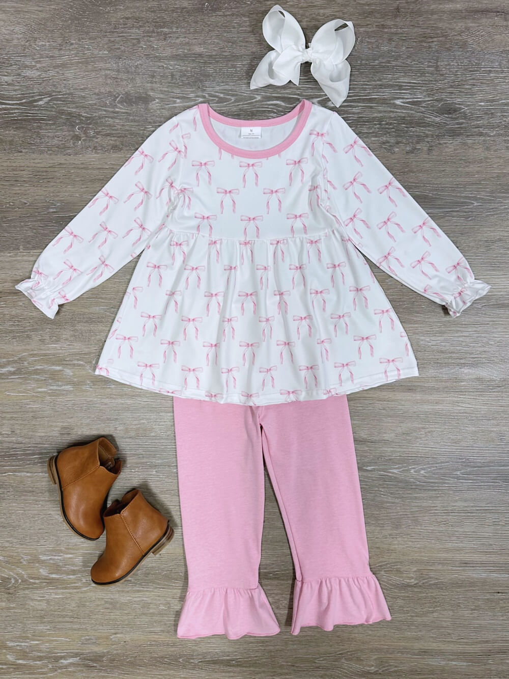 Pretty in Pink Bow Tunic &amp; Ruffle Trim Pants Girls Outfit - Sydney So Sweet