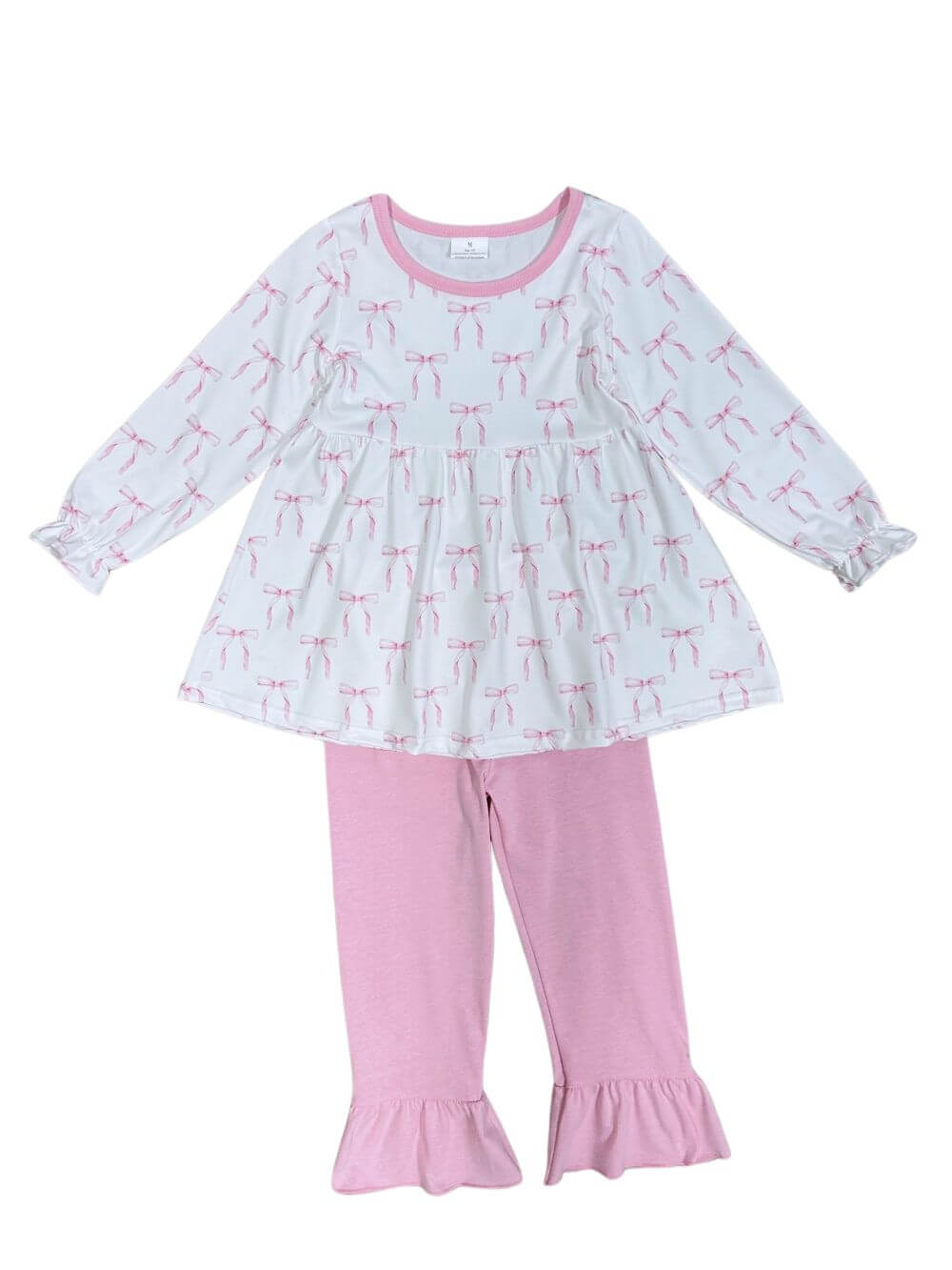 Pretty in Pink Bow Tunic & Ruffle Trim Pants Girls Outfit - Sydney So Sweet