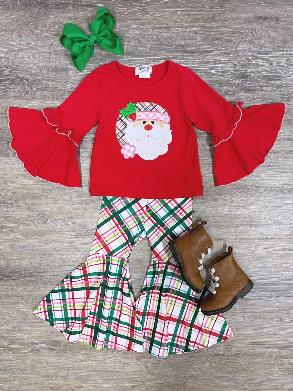 Pretty in Plaid Girls Bell Sleeve Christmas Santa Outfit - Sydney So Sweet