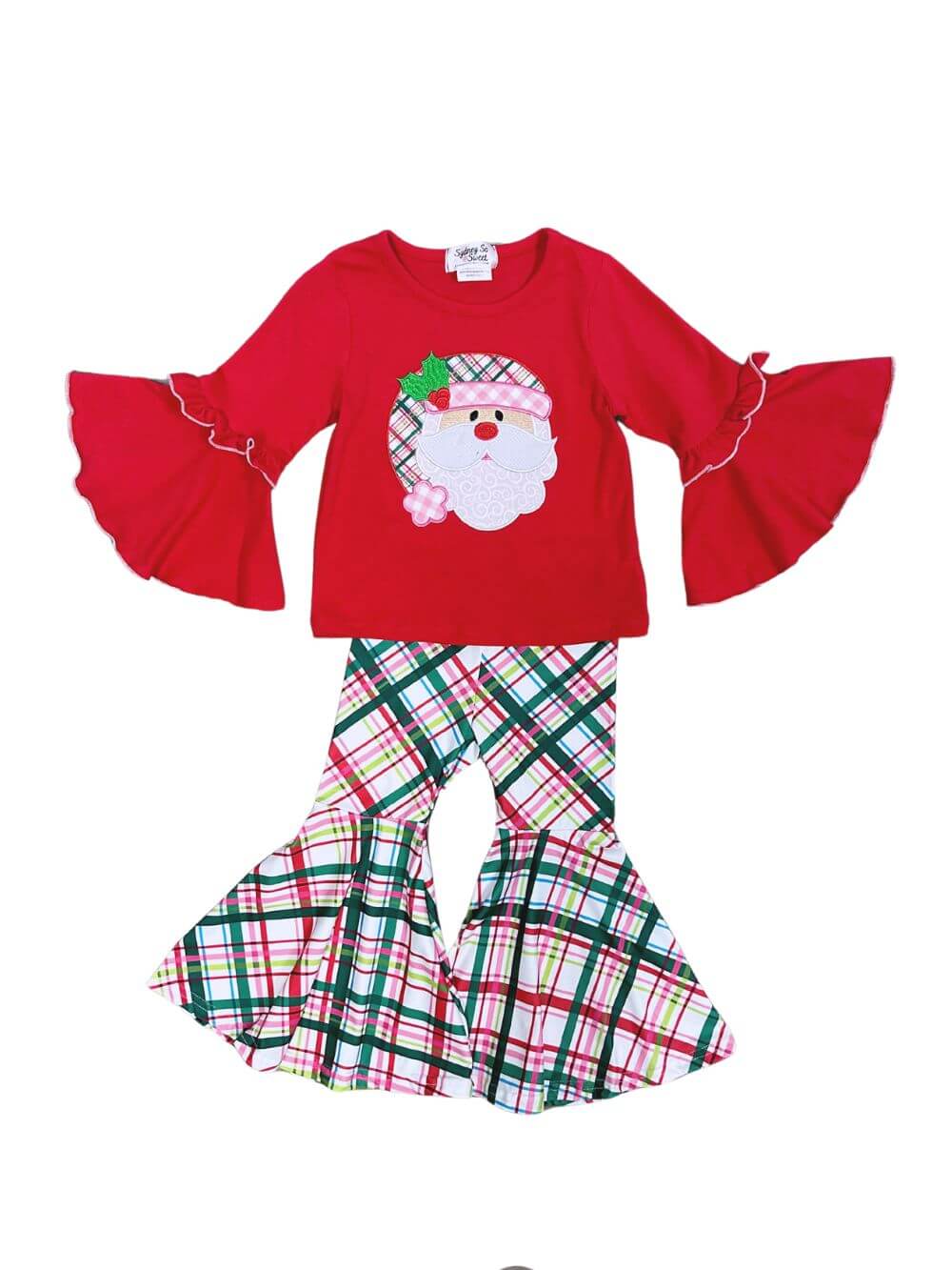 Pretty in Plaid Girls Bell Sleeve Christmas Santa Outfit - Sydney So Sweet