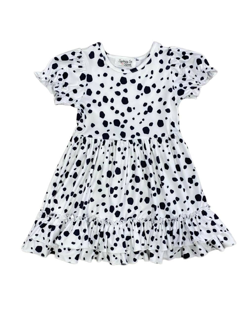 Puff Short Sleeve White & Black Girls Dalmatian Costume Dress