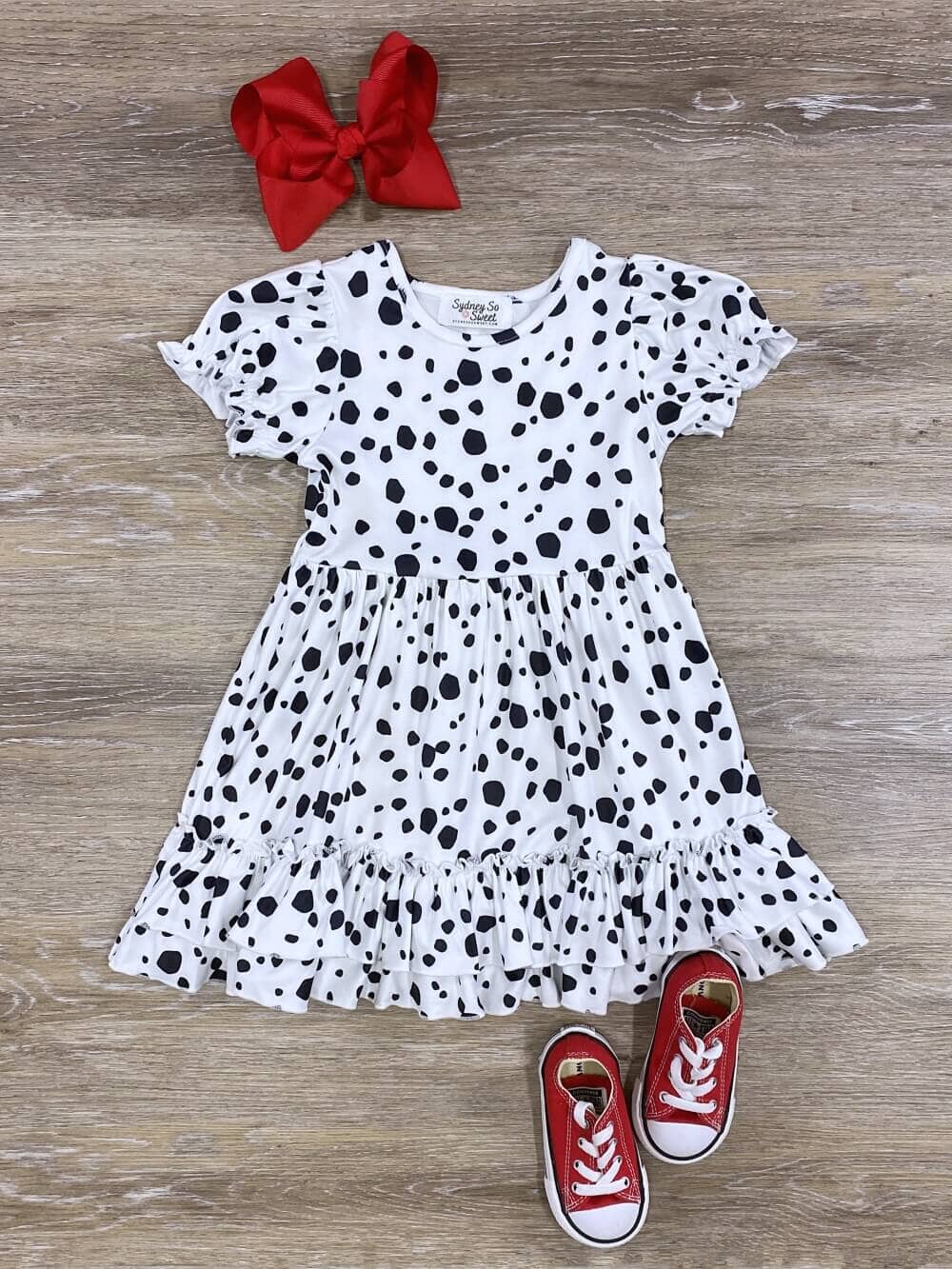 Puff Short Sleeve White & Black Girls Dalmatian Costume Dress - Sydney So Sweet