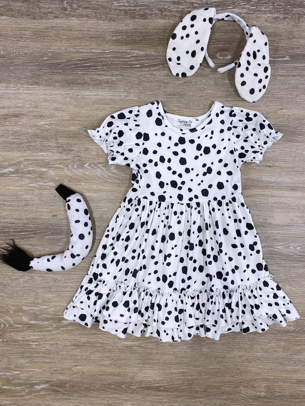 Puff Short Sleeve White & Black Girls Dalmatian Costume Dress with Tail & Ears - Sydney So Sweet