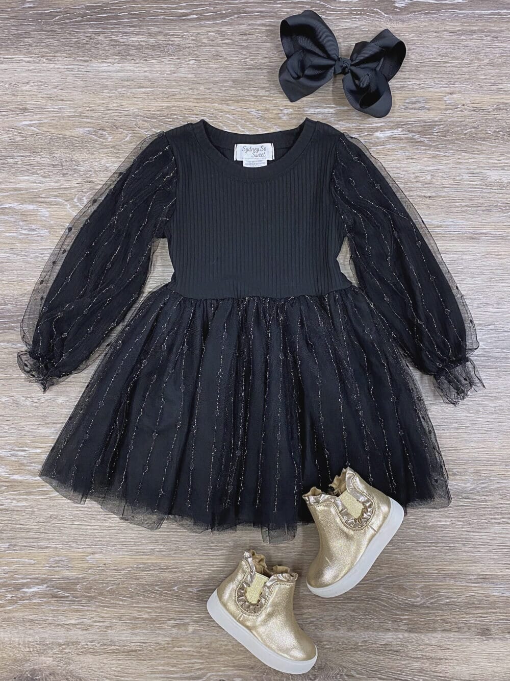 Puff Sleeve Black with Gold Girls Chiffon Tutu Dress - Sydney So Sweet