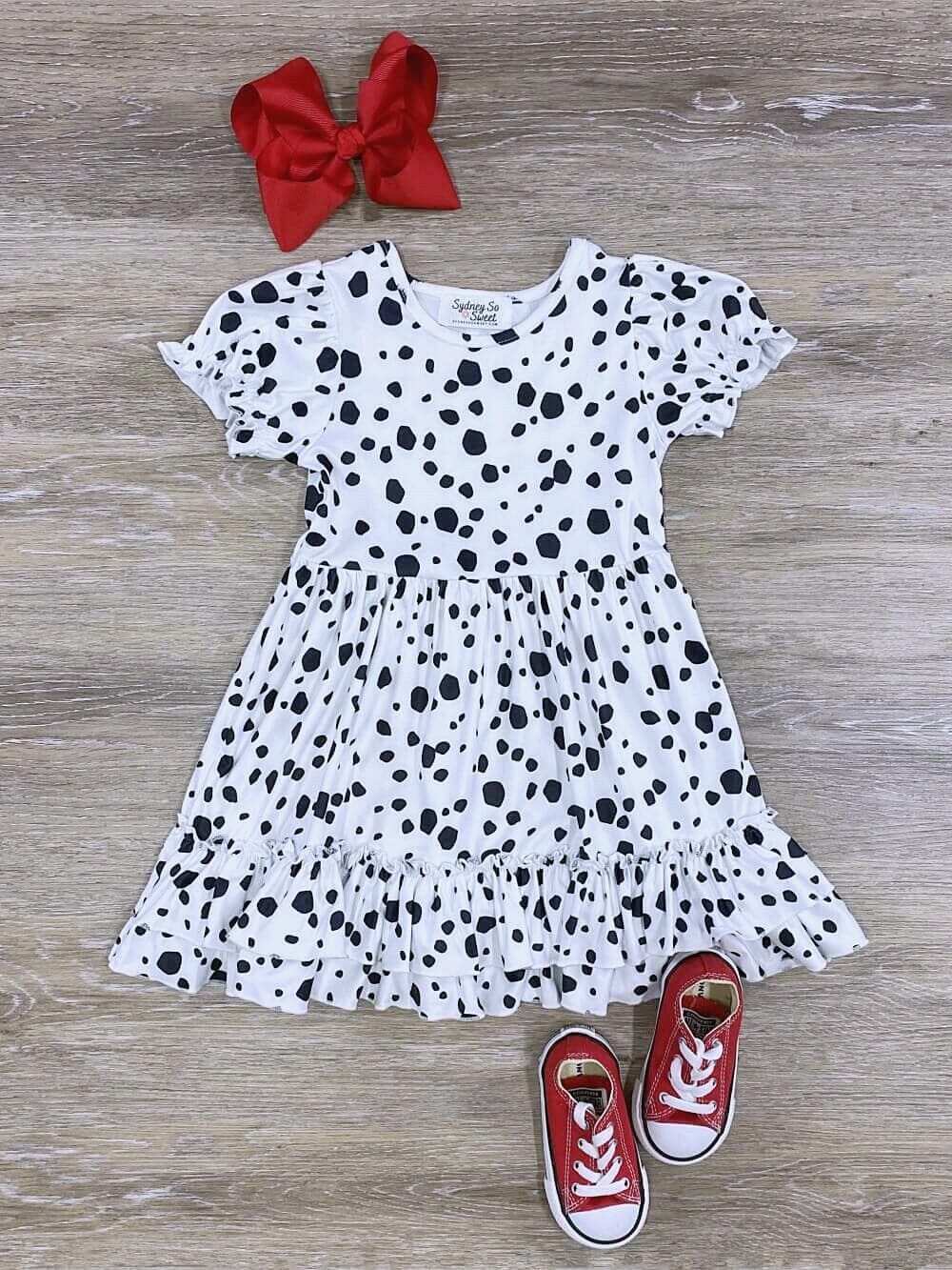 Puff Short Sleeve White & Black Girls Dalmatian Costume Dress - Sydney So Sweet
