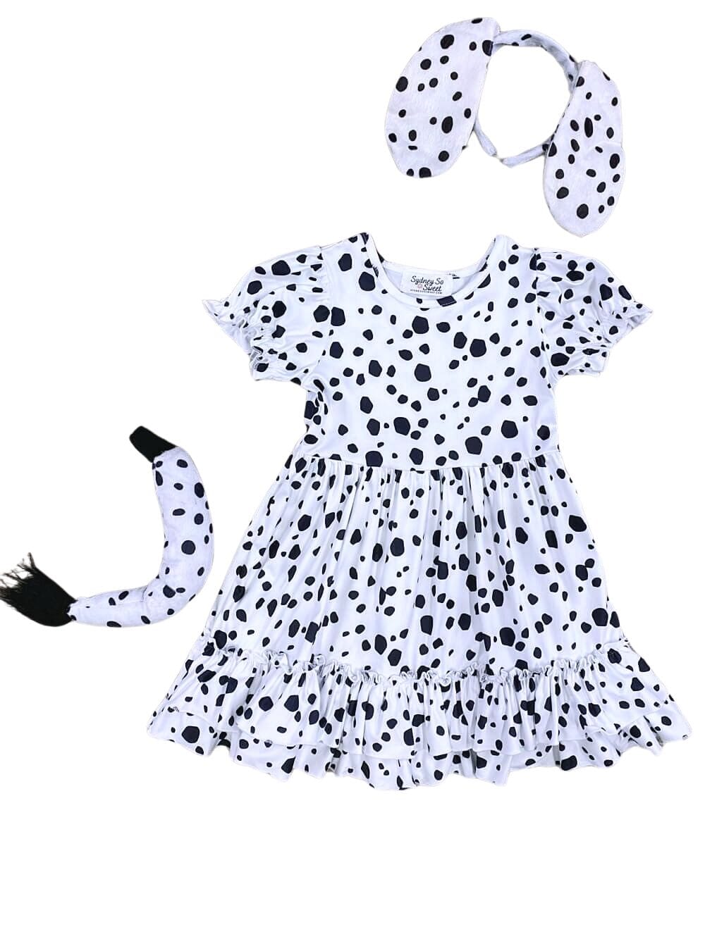 Puff Short Sleeve White & Black Girls Dalmatian Costume Dress with Tail & Ears - Sydney So Sweet