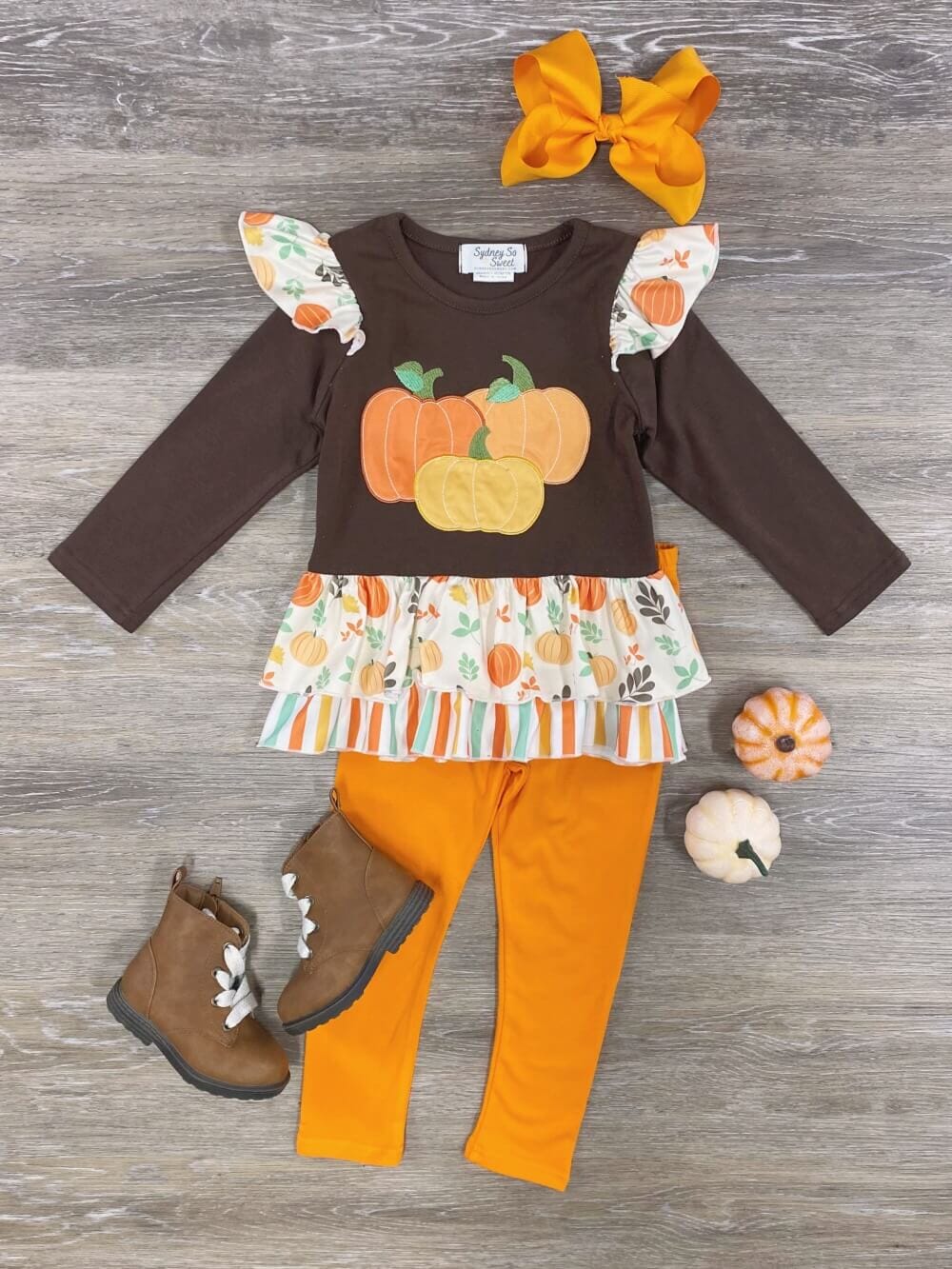 Pumpkin Patch Orange &amp; Brown Girls Leggings Outfit - Sydney So Sweet