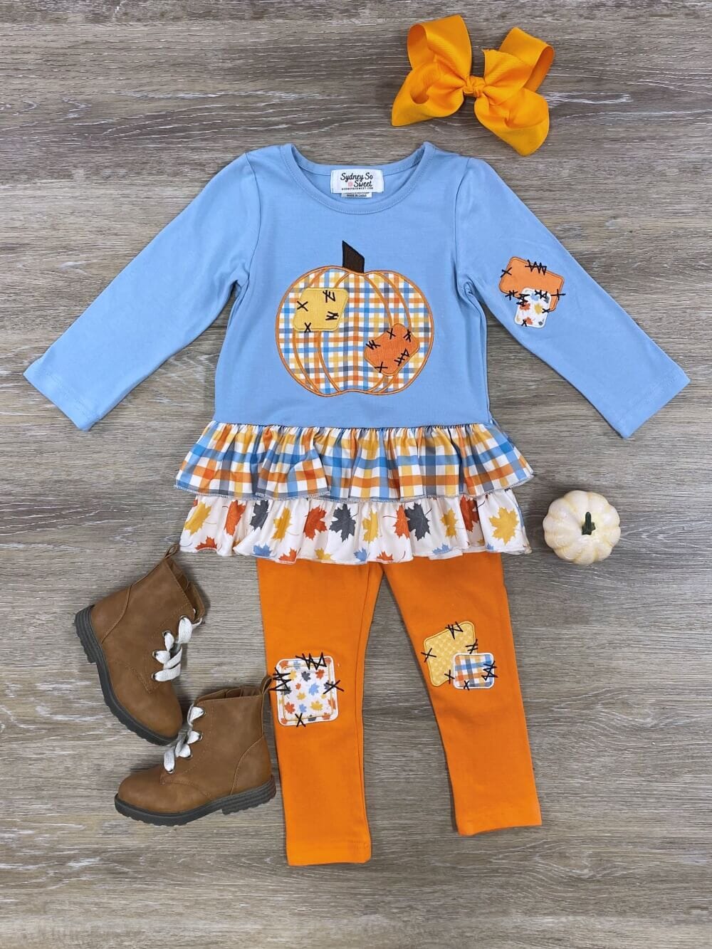 Pumpkin Patch Plaid Blue & Orange Girls Outfit