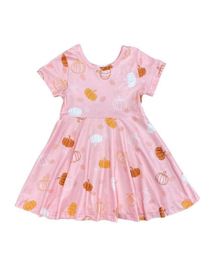 Pumpkin Pink Girls Short Sleeve Fall Skater Dress - Sydney So Sweet