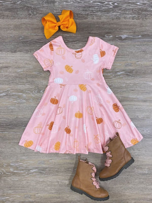 Pumpkin Pink Girls Short Sleeve Fall Skater Dress - Sydney So Sweet