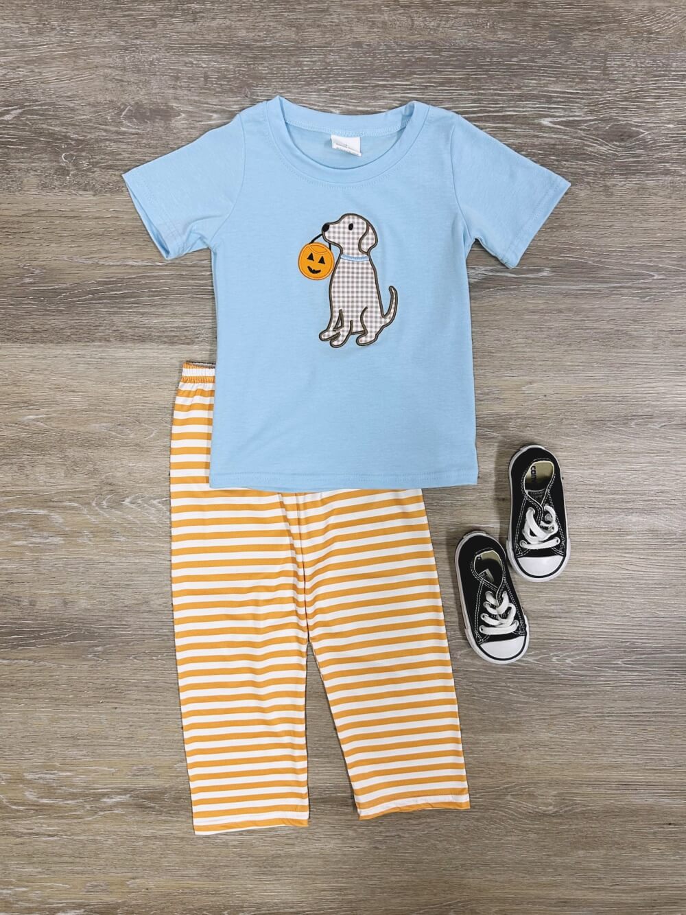 Pumpkin Pup Boys Fall Top & Striped Pants Outfit - Sydney So Sweet