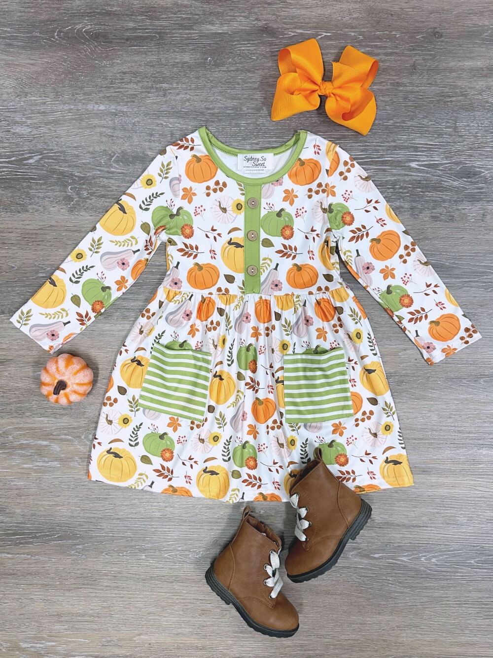 Pumpkin Season Green Striped Pocket Girls Dress - Sydney So Sweet