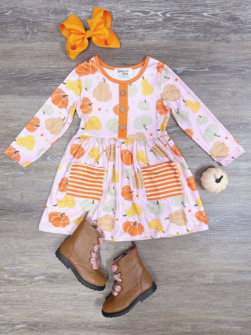 Pumpkin Season Orange Striped Pocket Girls Dress - Sydney So Sweet