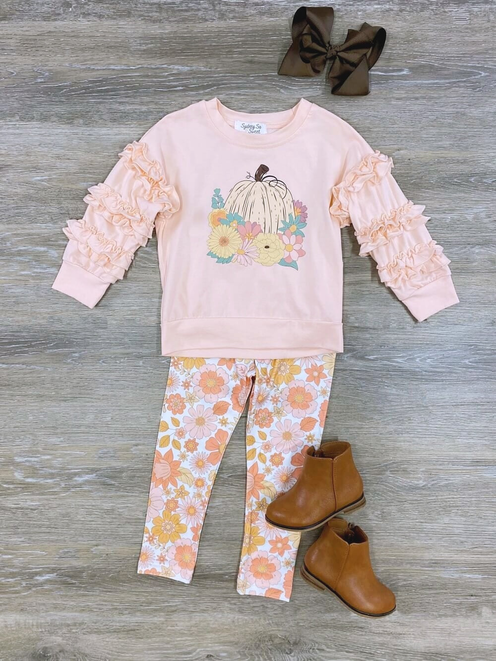 Pumpkin Floral Ruffle Sleeve Girls Outfit - Sydney So Sweet