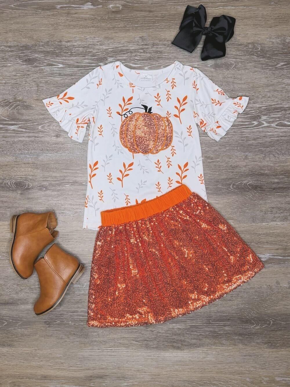 Pumpkin Sparkle Girls Sequin Skirt Outfit