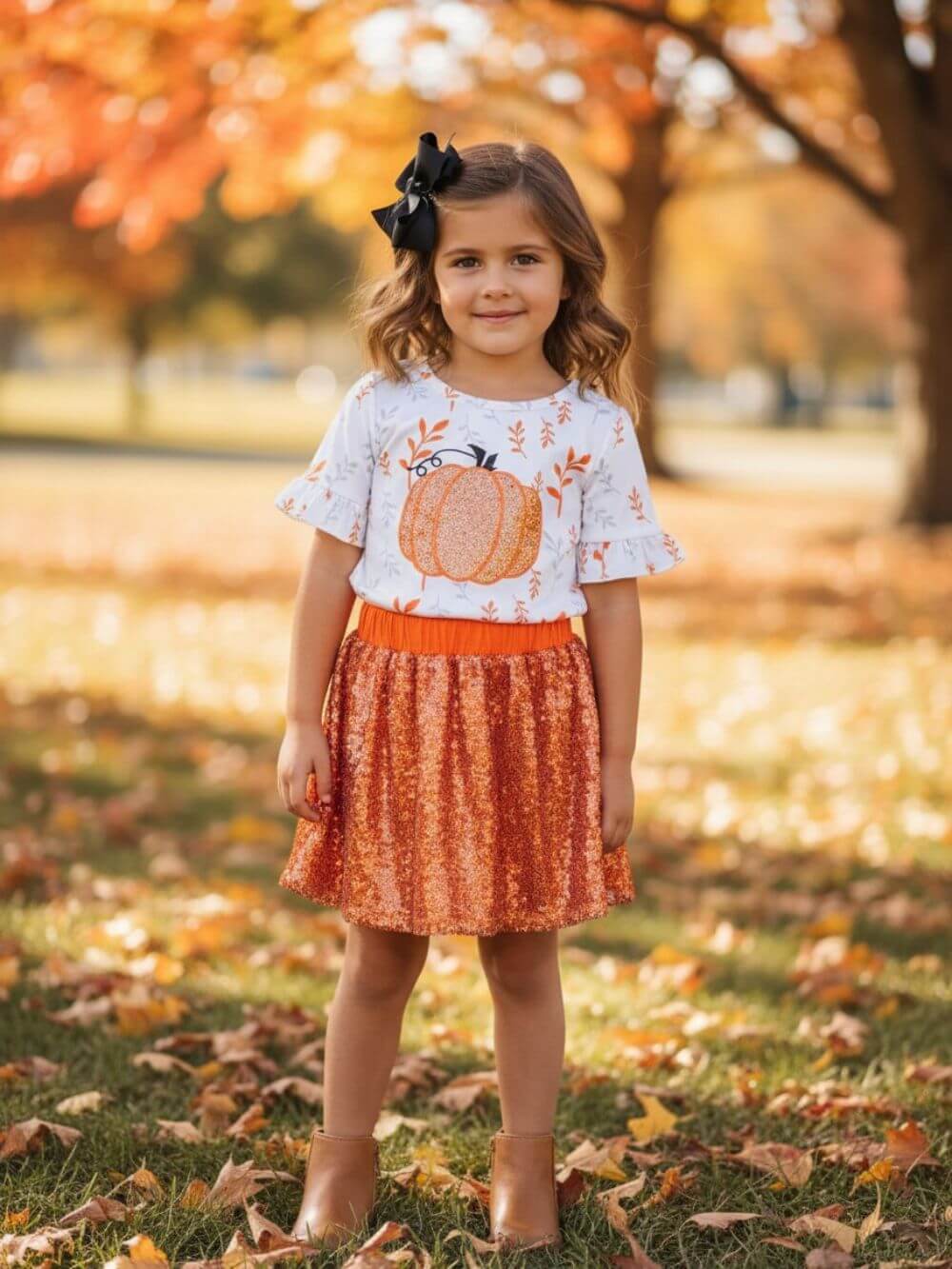 Pumpkin Sparkle Girls Sequin Skirt Outfit