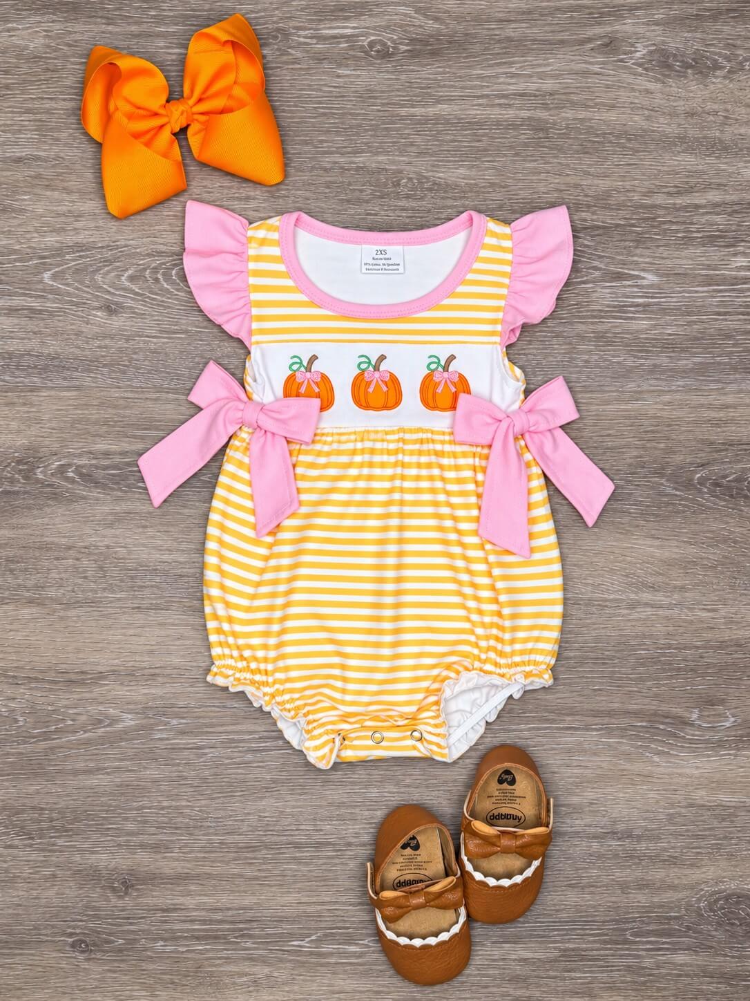 Pumpkins & Bows Yellow Stripe Baby Bubble Romper
